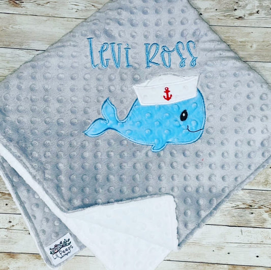 Whale - Personalized Minky Blanket - Silver and White Minky - Embroidered Whale