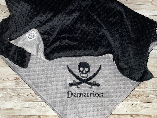 Pirate Blanket - Personalized Minky Blanket - Baby Gray and Black  Minky - Embroidered Skull and Cross Bones