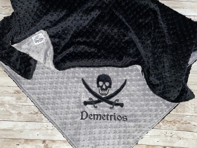 Pirate Blanket - Personalized Minky Blanket - Baby Gray and Black  Minky - Embroidered Skull and Cross Bones