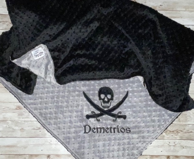 Pirate Blanket - Personalized Minky Blanket - Baby Gray and Black  Minky - Embroidered Skull and Cross Bones