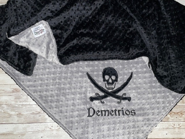 Pirate Blanket - Personalized Minky Blanket - Baby Gray and Black  Minky - Embroidered Skull and Cross Bones