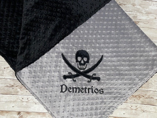 Pirate Blanket - Personalized Minky Blanket - Baby Gray and Black  Minky - Embroidered Skull and Cross Bones