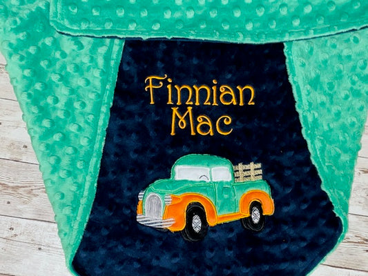 Antique Truck -Personalized Minky Baby Blanket - Green and orange Minky - Embroidered Antique Truck
