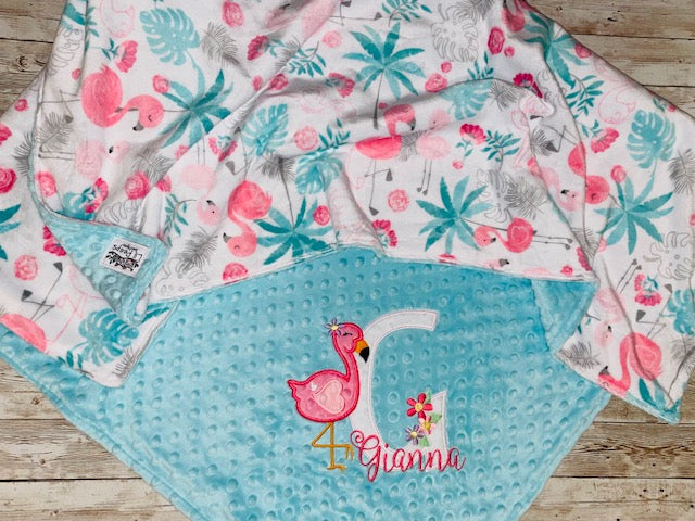 Flamingo with Letter -Personalized Minky Blanket - Aqua and Flamingo print Minky - Embroidered Flamingo