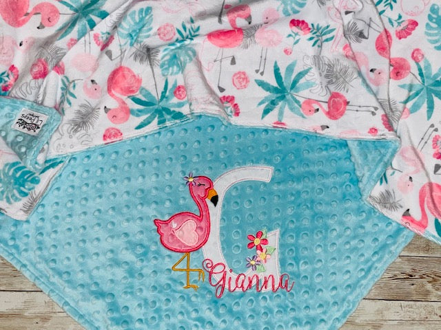 Flamingo with Letter -Personalized Minky Blanket - Aqua and Flamingo print Minky - Embroidered Flamingo