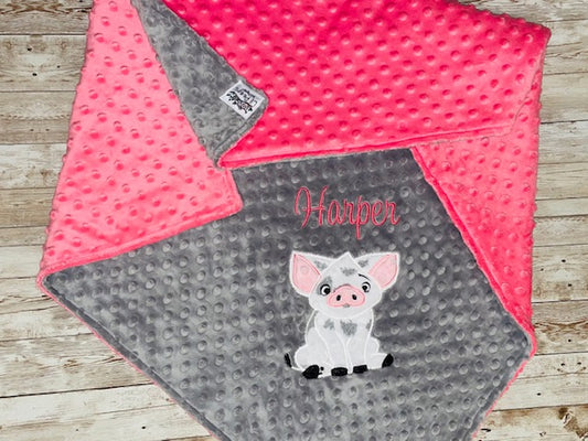 Pua from Moana- Personalized Minky Baby Blanket - Gray and pink Minky