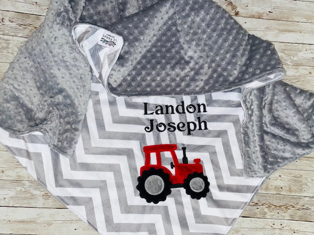 Tractor Nap Set - Personalized Minky Blanket and Pillowcase with embroidered Tractor - Travel or Standard Size