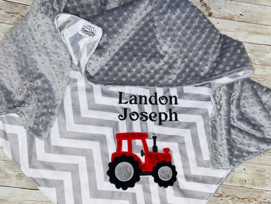 Tractor  - Minky Baby Blanket with Embroidered Tractor