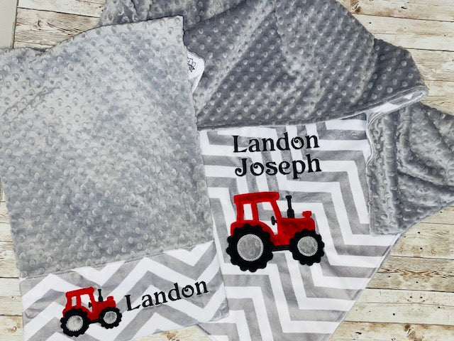 Tractor Nap Set - Personalized Minky Blanket and Pillowcase with embroidered Tractor - Travel or Standard Size