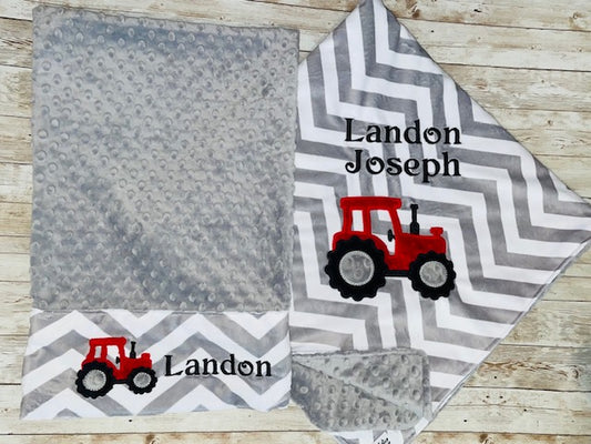 Tractor Nap Set - Personalized Minky Blanket and Pillowcase with embroidered Tractor - Travel or Standard Size