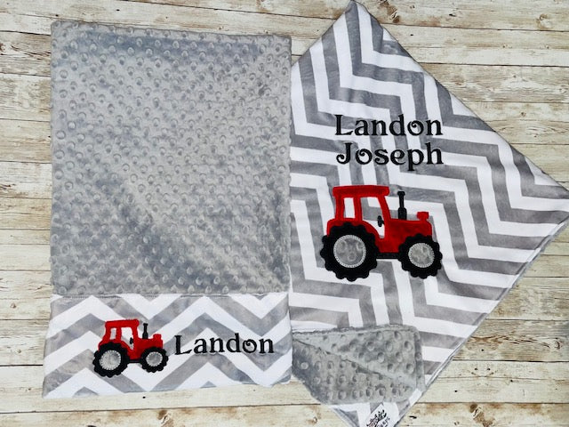 Tractor Nap Set - Personalized Minky Blanket and Pillowcase with embroidered Tractor - Travel or Standard Size