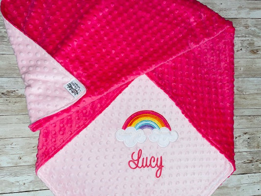 Rainbow -Personalized Minky Blanket - Baby Pink and Fuchsia Minky - Embroidered Rainbow
