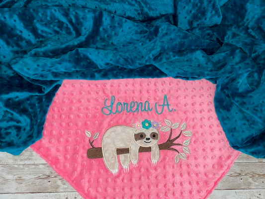 Girl Sloth - Personalized Minky Blanket - Teal and Pink Minky - Embroidered Girl Sloth