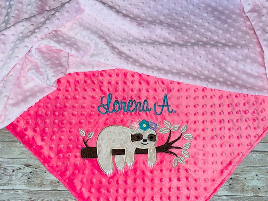 Girl Sloth - Personalized Minky Blanket - Pink Minky - Embroidered Girl Sloth
