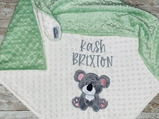 Koala - Personalized Minky Baby Blanket -Cream and Sage Minky
