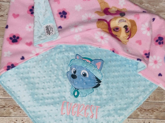 Paw Patrol - Everest- Personalized Minky Blanket -Aqua Minky - Embroidered Puppy