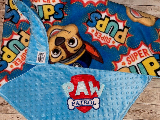 Paw Patrol - Personalized Minky Blanket -Blue or Yellow Minky - Embroidered Logo