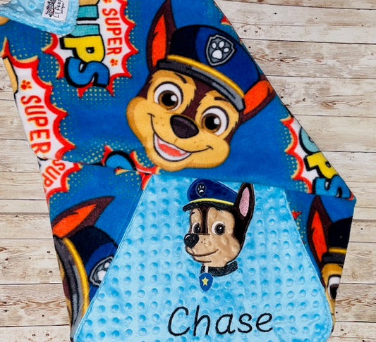 Paw Patrol - Chase - Personalized Minky Blanket -Blue Minky - Embroidered Puppy