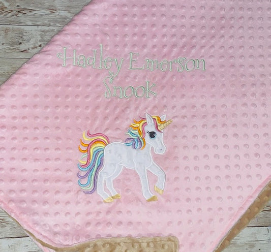 Unicorn - Personalized Minky Blanket - Pink and Tan Minky - Embroidered Unicorn