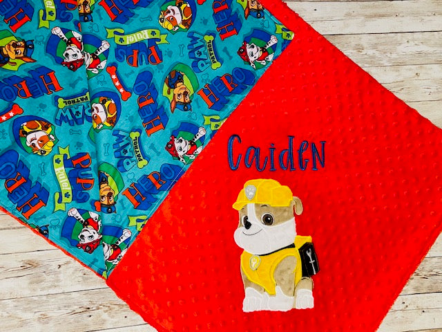Paw Patrol - Rubble- Personalized Minky Blanket -Red Minky - Embroidered Puppy