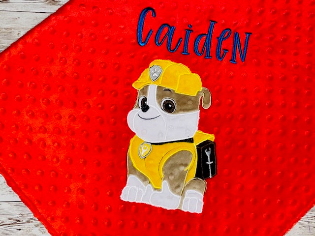 Paw Patrol - Rubble- Personalized Minky Blanket -Red Minky - Embroidered Puppy