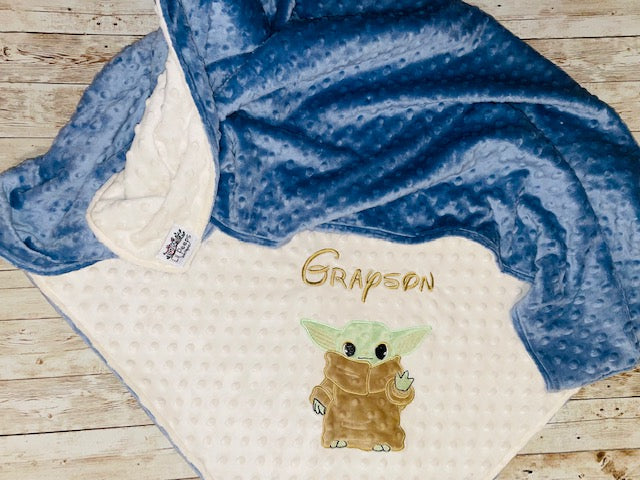 Baby Yoda- Personalized Minky Baby Blanket - Cream and Blue Minky