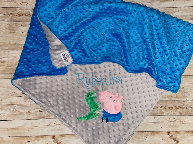 George Pig and Dinosaur - Personalized Minky Baby Blanket - Gray and Blue Minky