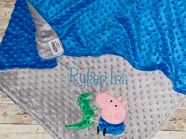 George Pig and Dinosaur - Personalized Minky Baby Blanket - Gray and Blue Minky