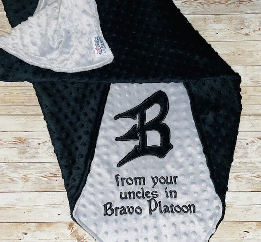 Bravo Platoon - Personalized Minky Baby Blanket - Gray / Black Minky - Embroidered Bravo Platoon