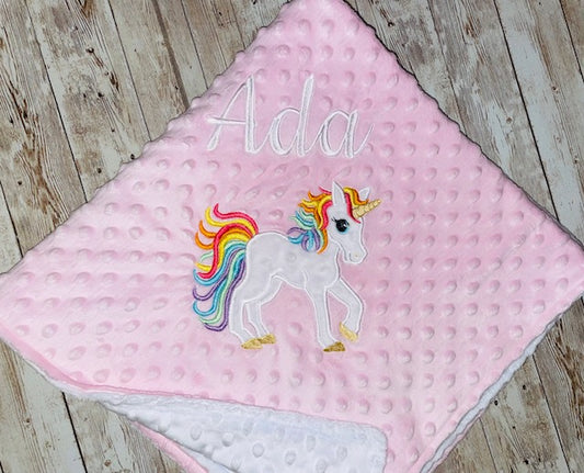 Unicorn - Personalized Minky Blanket - Pink and White Minky - Embroidered Unicorn
