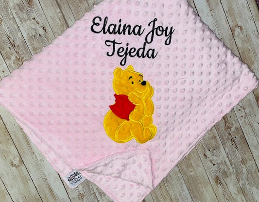 Personalized Winnie the Pooh Minky Baby Blanket - Pink Minky - Custom Monogram