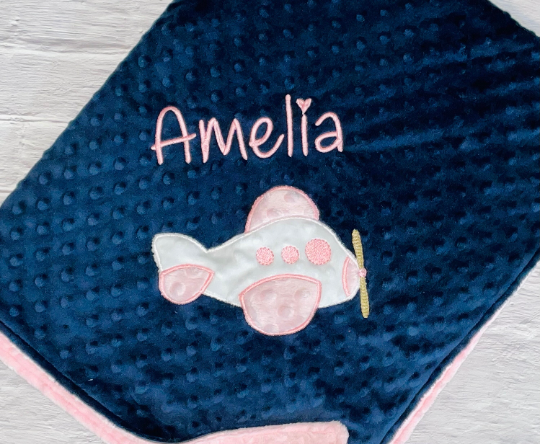 Airplane - Personalized Minky Blanket - Baby Pink / Navy  Minky - Embroidered Airplane