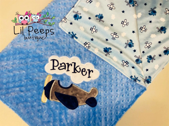 Airplane - Personalized Minky Blanket - Airplane  Minky - Embroidered Airplane