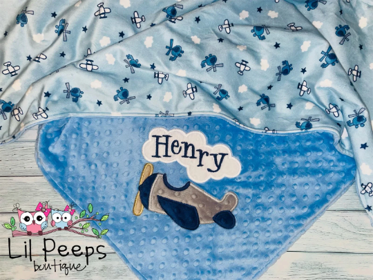 Airplane - Personalized Minky Blanket - Airplane  Minky - Embroidered Airplane