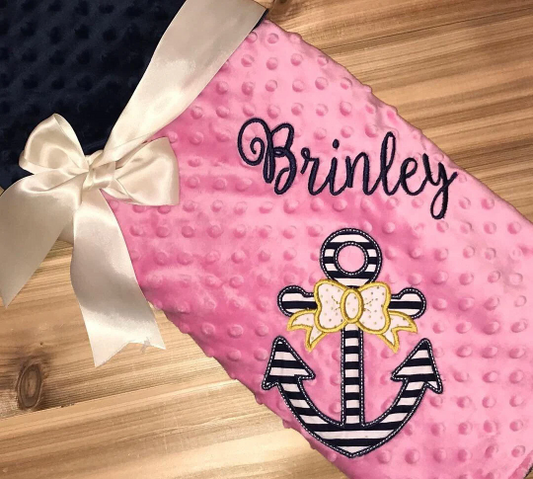 Anchor - Personalized Minky Baby Blanket - Pink / Navy  Minky - Embroidered Anchor with Bow
