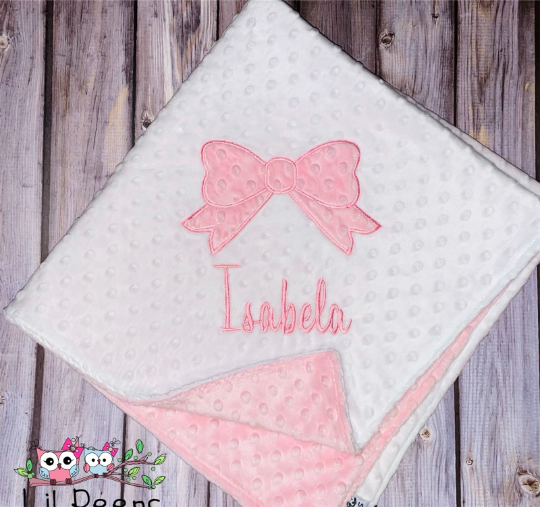 Bow- Personalized Minky Baby Blanket - White / Pink  Minky - Embroidered Bow