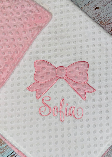 Bow- Personalized Minky Baby Blanket - White / Pink  Minky - Embroidered Bow