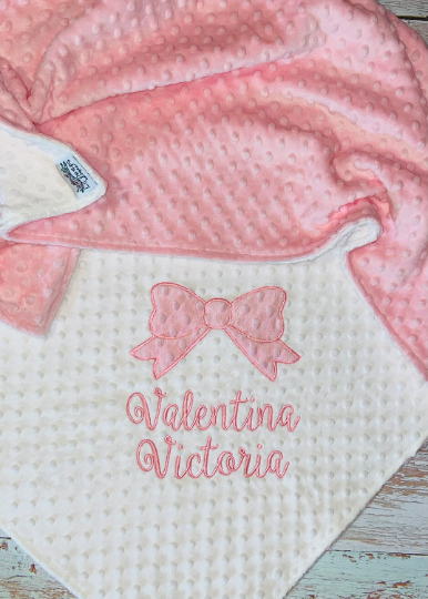 Bow- Personalized Minky Baby Blanket - White / Pink  Minky - Embroidered Bow