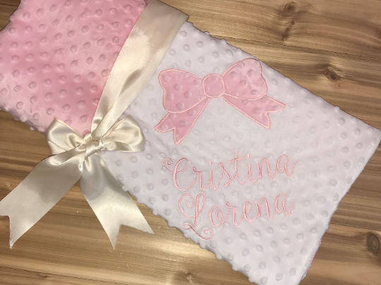 Bow- Personalized Minky Baby Blanket - White / Pink  Minky - Embroidered Bow