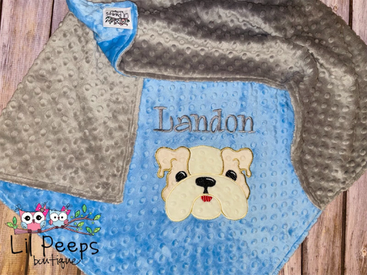 Baby Bulldog -Personalized Minky Blanket -Blue Minky/ Gray Minky - Embroidered Bulldog