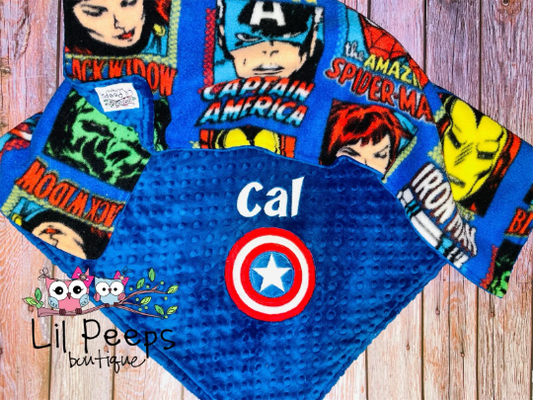 Personalized Captain America Minky Baby Blanket -  Blue Minky and Character fleece- Custom Monogram