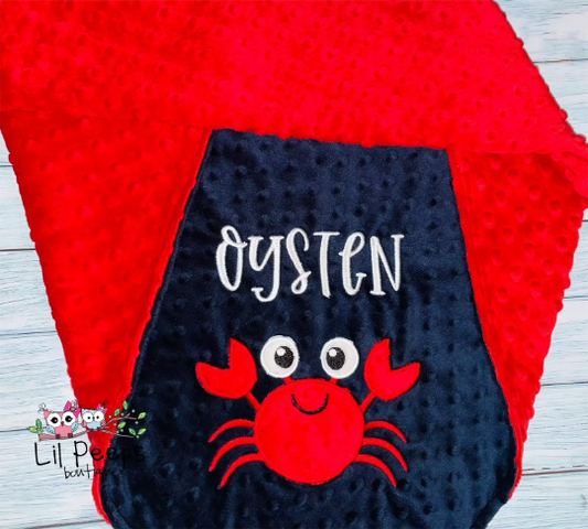 Crab - Personalized Minky Baby Blanket - Red / Navy  Minky - Embroidered Minky Crab