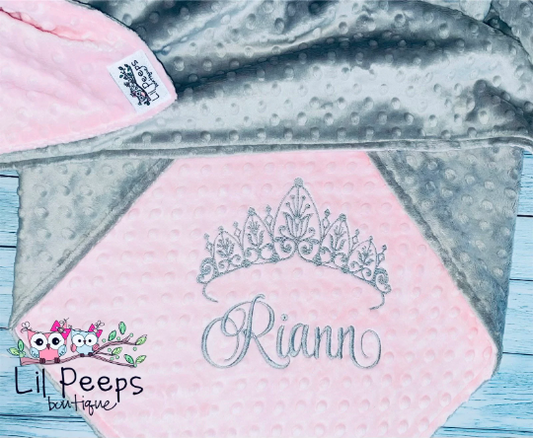 Personalized Crown Minky Blanket - Gray and Pink - Custom Monogram