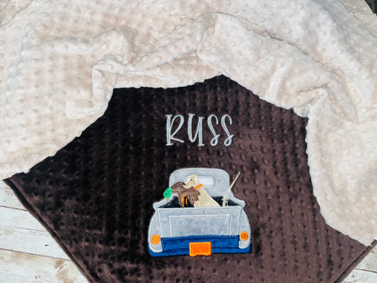 Duck Hunt - Personalized Minky Blanket - Baby Brown and Tan Minky - Embroidered Duck Hunting Truck