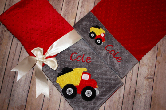 Dump Truck Nap Set - Personalized Minky Blanket and Pillowcase with embroidered Dump Truck - Travel or Standard Size