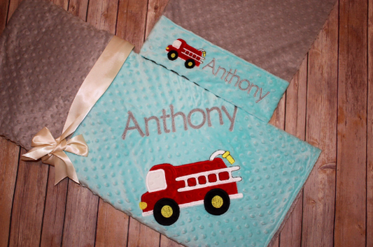 Fire Truck Nap Set - Personalized Minky Blanket and Pillowcase with embroidered Fire Truck - Travel or Standard Size