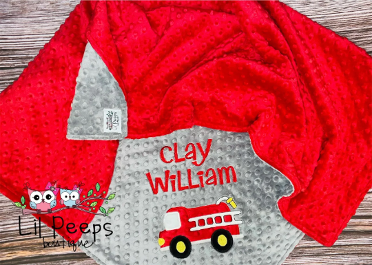 Fire Truck - Personalized Minky Baby Blanket - Grey and Red Minky - Embroidered Fire Truck