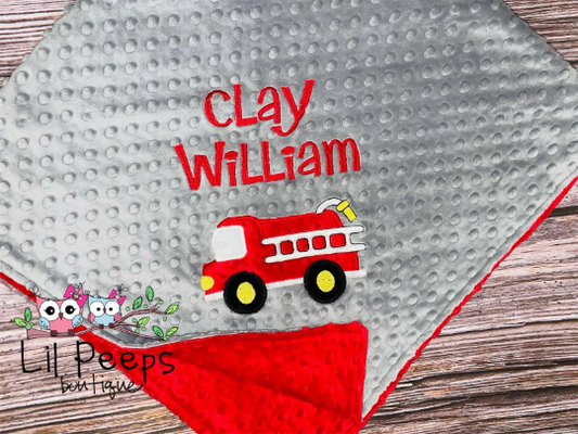 Fire Truck - Personalized Minky Baby Blanket - Grey and Red Minky - Embroidered Fire Truck
