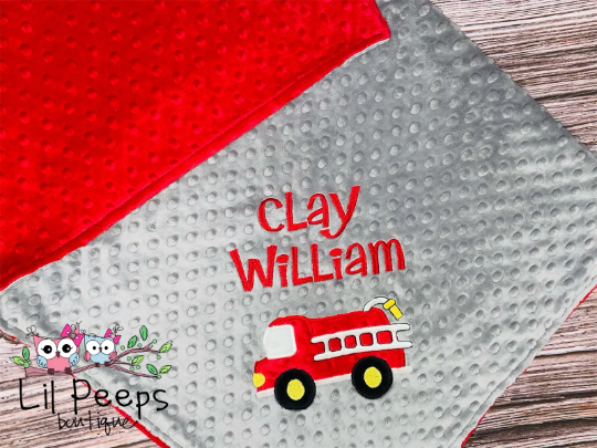 Fire Truck - Personalized Minky Baby Blanket - Grey and Red Minky - Embroidered Fire Truck