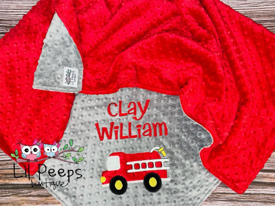 Fire Truck - Personalized Minky Baby Blanket - Grey and Red Minky - Embroidered Fire Truck